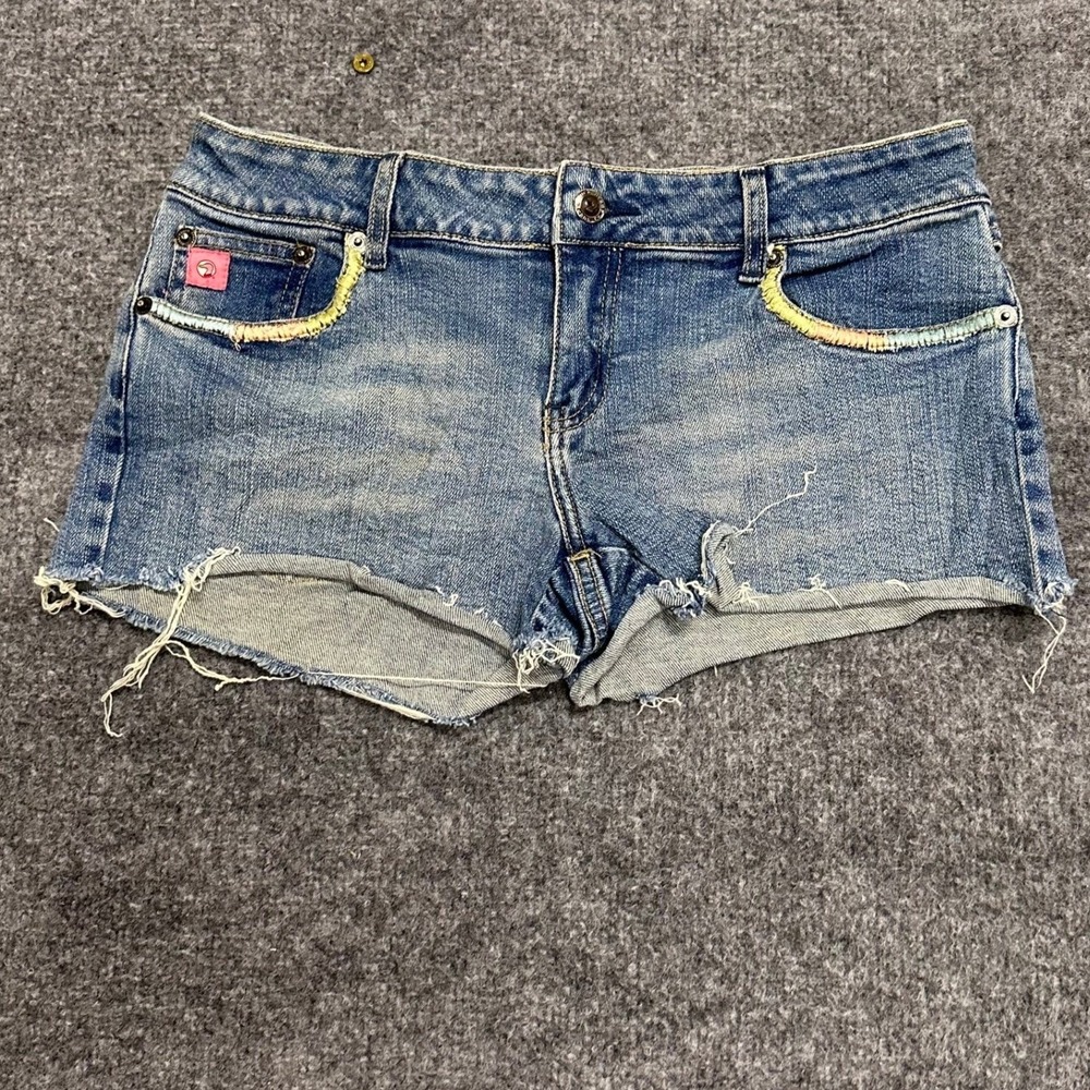 Duck Head Shorts Womens Size 11 Blue Denim Rainbow Embroidered Cut Off Casual